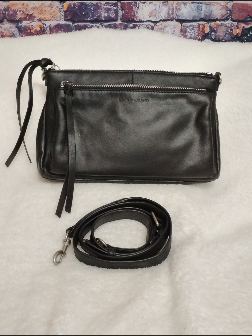 Lucky Brand Koda Black Leather Dual Zipper Crossbody Handbag Shoulder  Organizer